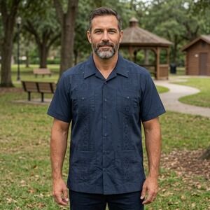 Romani Guayabera Style Men's Shirt, Short Sleeves, Button Down, Navy Blue, XL